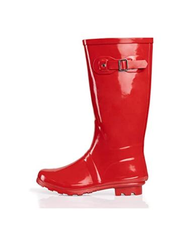 NORTY Women's Hurricane Wellie Rain Boots - High-Calf Length - Glossy Matte Waterproof Rubber Shoes 8 Red