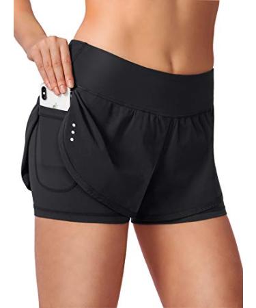 Womens 2 in 1 Running Shorts Workout Athletic Gym Yoga Shorts for Women with Phone Pockets A - Black Medium