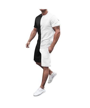 Wabtum Mens Sport Set Summer Outfit, Men's Fashion Short Sleeve T Shirt and Shorts Set Summer 2 Piece Outfit Athletic Suits White X-Large