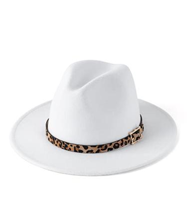 HUDANHUWEI Women's Wide Brim Felt Fedora Panama Hat with Leopard Belt Buckle White