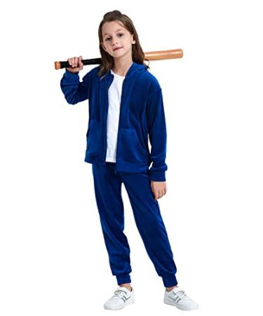 Bobo Bloom Tracksuit For Girls Velour Sports Suit Hooded Teen Sweatshirt Little Girls Tracksuit Set Pants Casual Suit 4T-12T Dark Blue 5-6 Years