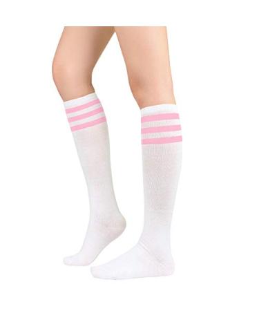 Womens Athletic Socks Outdoor Sport Socks Thigh High Tights Stockings Casual Stripes Tube Socks One Size 1 Pack White Pink