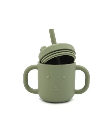 Ezvita Bear Silicone Sippy Cup with Straw  Spill Proof Lid  Anti-Slip Handles for Babies and Toddlers  Fun Early Learning Drink Tumbler  Freezer  Microwave  and Dishwasher Safe (Silver Sage)