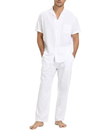RPOVIG Linen Shirt Pants Outfits:Men's Linen Sets 2 Piece Short Sleeve Shirts Yoga Pants Beach Wedding Suits X-Large White