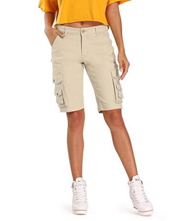 OCHENTA Bermuda Cargo Shorts for Women, Casual Cotton Multi Pockets Hiking Shorts Khaki 18
