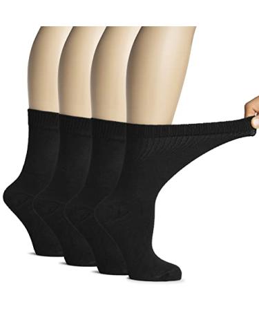 Hugh Ugoli Women's Soft Bamboo Diabetic Crew Socks, Wide, Loose Fit & Thin Socks with Seamless Toe & Non-Binding Top, 4 Pairs 6-9 01- Black (4 Pairs)