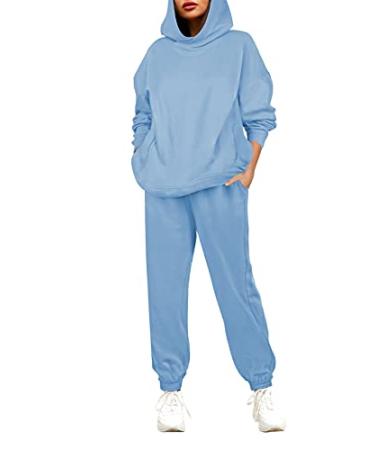 Fixmatti Women Hoodies Tracksuit Long Sleeve Sweatshirts Jogger Pant 2 Piece Outfits Hoodie-blue Large