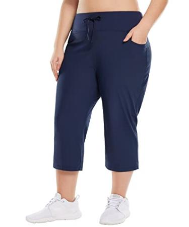 BALEAF Plus Size Capri Pants for Women High Waist Pull on Pockets Casual Summer Navy XX-Large