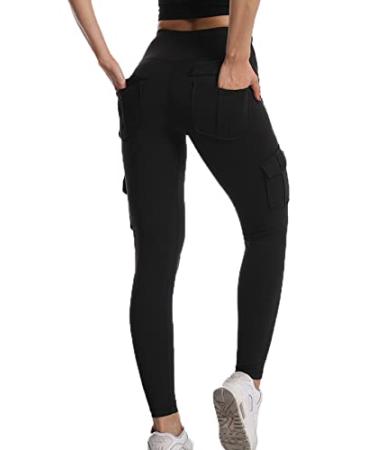 COMFY ONE Seamless Leggings with 4 Pockets for Women Compression Cargo Elastic Pants for Running Yoga Workout Black Large