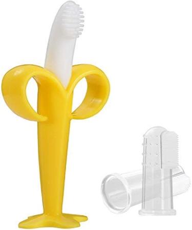 Banana Toothbrush Baby Toothbrush, Silicone Infant Training Finger Toothbrushes Babies Teething Toys (1 Teether and 2 Finger Toothbrushes) 3 PACK