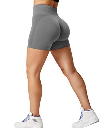 QOQ Women Seamless Scrunch Gym Workout Shorts High-Waisted Butt Lifting Fitness Shorts #4 Solid Light Grey Large