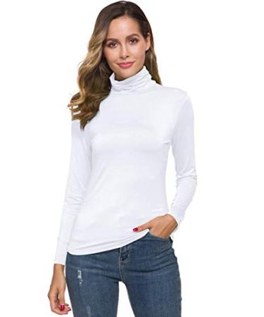 POPZONE Womens Soft Long Sleeve Slim Basic Turtleneck Lightweight Pullover Tops 0-white Large