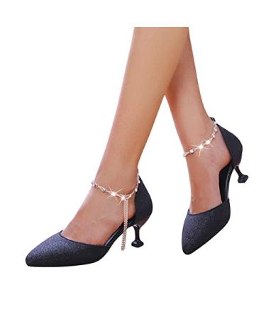 Aniywn Women's Low Kitten Heels Wedding Dress Shoes Ankle Strap Closed Pointed Toe Pumps Elegant Sequins Glitter Sandals 9.5-10 Black