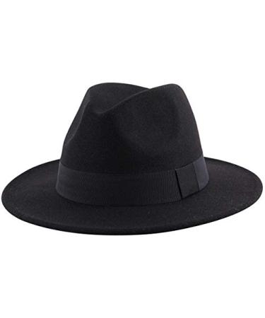 Lanzom Women Wide Brim Warm Wool Fedora Hat Retro Style Belt Panama Hat Black One Size