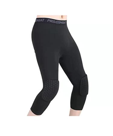 Basketball Pants with Knee Pads 3/4 Compression Leggings Capri Tights Black Large