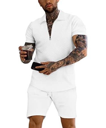URRU Men's Polo Shirt and Shorts Set Summer Outfits Fashion Casual Short Sleeve Polo Suit for Men 2 Piece Shorts Tracksuit White Large