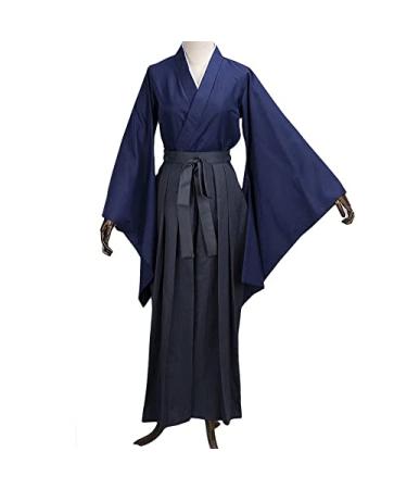 Japanese Unisex kendo Uniform Set Hakama Pants Traditional Kimono Sportswear Aikido Martial Arts Samurai Costume Cosplay Large Dark Blue