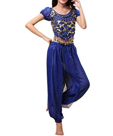 Freebily Women's Belly Dance Costume Puff Sleeve Crop Top Harem Pants Dance Outfit Halloween Royal Blue X-Large