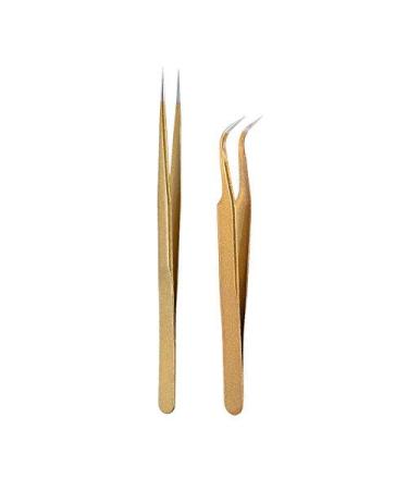 Stainless Steel Eyelash Extension Tweezers Set - Straight & Curved 2pc Gold Makeup Tools - Buy Online on GoSupps.com