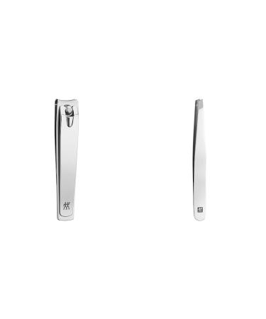Twin nail clipper for extra large nails & sloping tweezers for precise eyebrows hair removal stainless stainless steel polished 90 mm 85 mm - glossy bundle with slanted tweezers