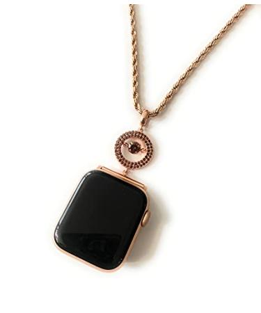 EMJ Apple Watch Big Round Jump Brown Zirconia Rose Gold Charm Pendant Adapter Chain Necklace compatible with All Series sizes 38/40/42/44mm 42 /44 mm