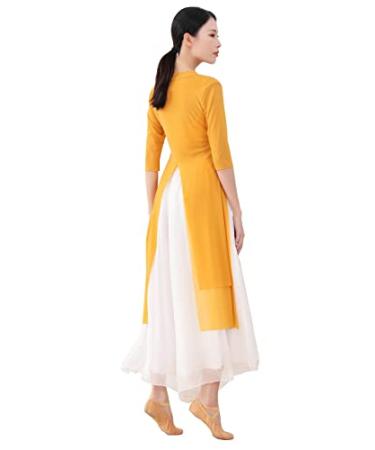 Angcoco Women's Traditional Back Slit Mesh Dress Dancing Training Dress XX-Large Yellow(backslit)+white Pants Set