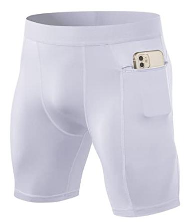 WRAGCFM Men's Compression Shorts with Pockets Running Workout Athletic Active Underwear Shorts White-zipper Small