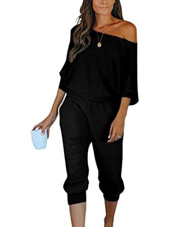 PRETTYGARDEN Women's 2 Piece Ribbed Tracksuit Outfits Off Shoulder Long Sleeve Pullover Long Pants with Pockets Black Large