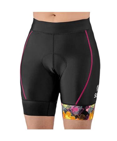 Tri Shorts for Women Triathlon Shorts in Womens Tops Suits Super Comfy with Soft Chamois FX Print | Slim Athletic Fit Black/Sunrise Blooms Medium