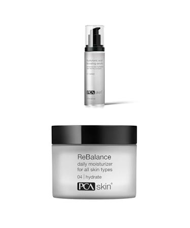 Bundle of PCA SKIN Hyaluronic Acid Boosting Serum 1oz Niacinamide Ceramides 24h Moisture + PCA SKIN ReBalance Moisturizer 1.7oz. Daily Creamy for Sensitive & Dry Skin Reduces Fine Lines)