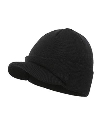 Home Prefer Men's Winter Beanie Hat with Brim Warm Double Knit Cuff Beanie Cap Black
