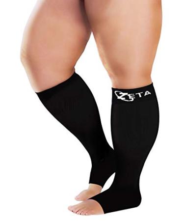 Zeta Socks Open Toe Inch Wide Calf Plus Size Compression 20-30 mmHg for Fatigue Pain Leg Swelling Soothing Comfy Gradient Support Prevents Edema DVT 1 Pair XX-Large Black