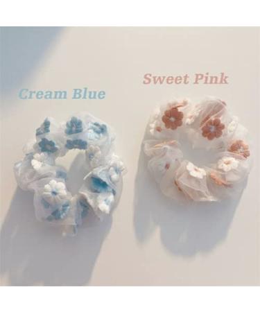 KDDOM 2 PCS Embroidery Tulle Flower Hair Scrunchie Set - Vintage Hair Loop for Girls and Women (Pink Blue) - Buy Online on GoSupps.com
