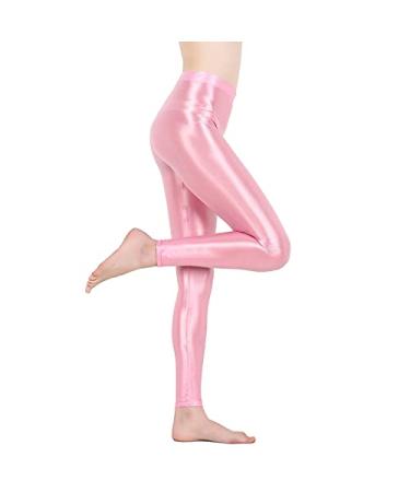 YONGHS Women's High Waist Shiny Metallic Stretchy Leggings Tights Pants Rave Dance Bottoms Clubwear Pink a Medium