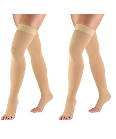Truform 20-30 mmHg Compression Stockings for Men and Women Thigh High Length Dot-Top Open Toe Beige Small (Pack of 2)