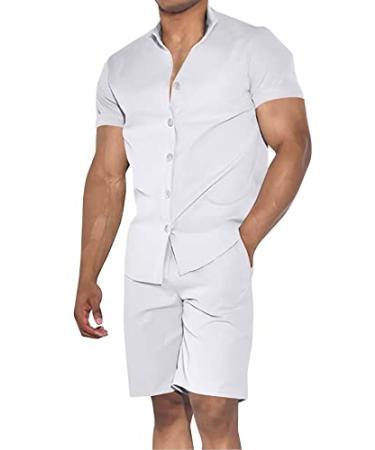 Uni Clau Mens Short Sets 2 Piece Outfits Summer Button Down Shirt and Shorts Set Beach Tracksuit White Medium