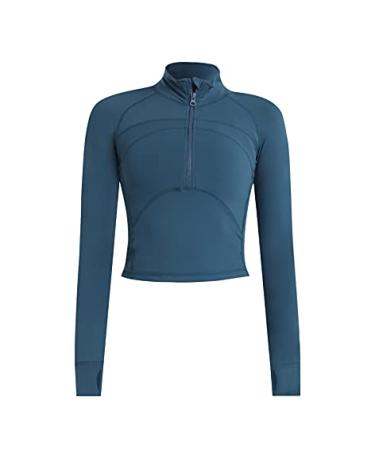 Women's Cropped Workout Jacket 1/2 Zip Pullover Running Athletic Outwear Slim Fit Long Sleeve Yoga Top Blue Small