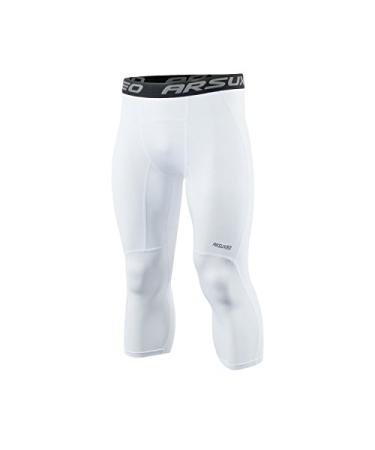 ARSUXEO Men's 3/4 Running Compression Tights Capri Pants K75 White Medium