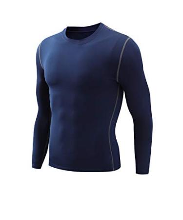 Nooz Men's Fleece Lined Cool Dry Compression Baselayer Long Sleeve Shirts Navy Blue Large