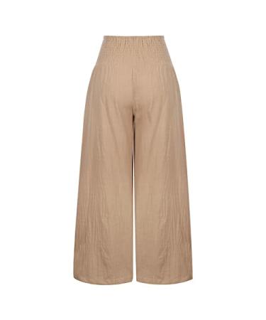Ssuyeuri Linen Pants for Women 2023,High Waisted Wide Leg Pants Loose Fit Palazzo Beach Trouses Cute Baggy Lounge with Pocket Linen Pants-03-khaki Large