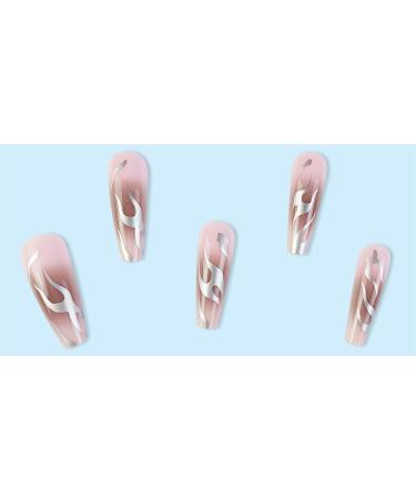 Press on Nails Long trapezoidal shape Fake Nails Silver Flame Pink False Nails Gloss Reusable Press on Nails Designs Acrylic Nails Press on Artificial Nails Stick on Nails For Women Girls 24Pcs - Buy Online on GoSupps.com
