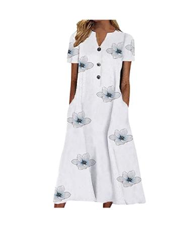 Summer Dresses for Women 2023 Causal V Neck Button Dress Short Sleeve Floral Dress Vacation Long Dress with Pockets Medium 01*blue