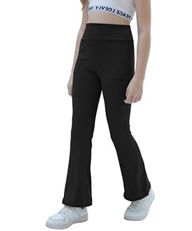 Aurgelmir Girls' Foldover Waist Flare Leggings Bootcut Active Yoga Dance Athletic Pants with Pockets Black 13-14 Years
