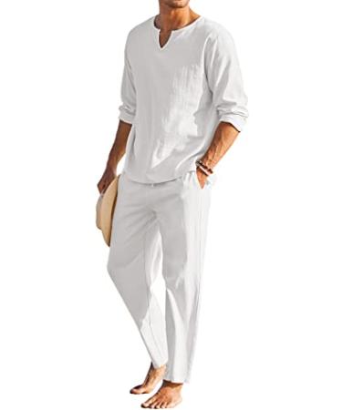 COOFANDY Men's 2 Pieces Cotton Linen Set Henley Shirt Long Sleeve and Casual Beach Pants Summer Yoga Outfits 01-white Medium