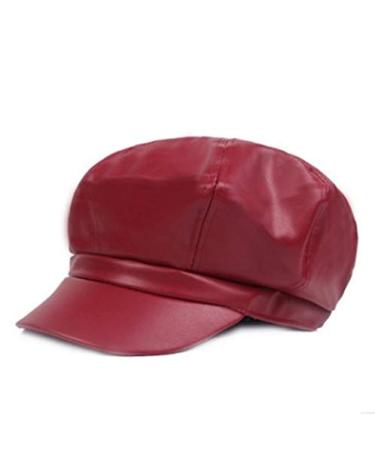 FaLasoso Women Beret PU Leather Casual Newsboy Cap, Vintage Octagonal Flat Cap Gatsby Driving Ivy Hat (Black) Wine Red