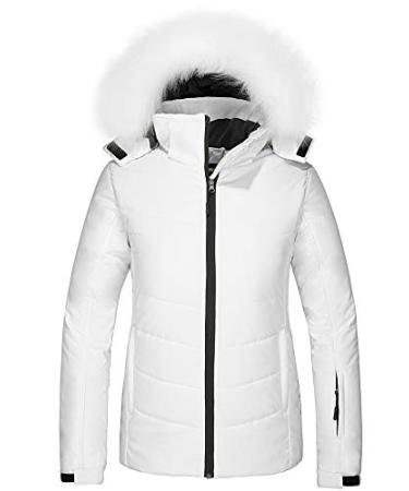 Skieer Women's Waterproof Ski Jacket Warm Puffer Jacket Thick Hooded Winter Coat Medium White