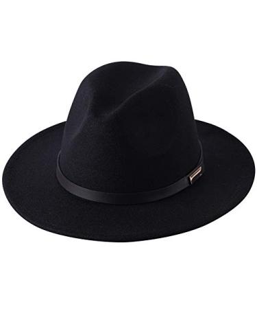 Lanzom Women Lady Retro Wide Brim Floppy Panama Hat Belt Buckle Wool Fedora Hat 01-black One Size