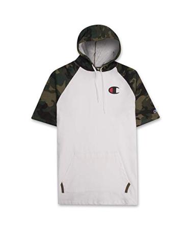 Champion Big and Tall Mens Short Sleeve Hoodie Raglan With Big C Chest Logo 2X White Fig Green Camo
