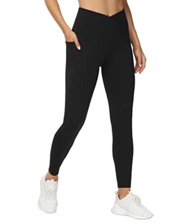 THE GYM PEOPLE Women's V Cross Waist Workout Leggings Tummy Control Running Yoga Pants with Pockets Black Small