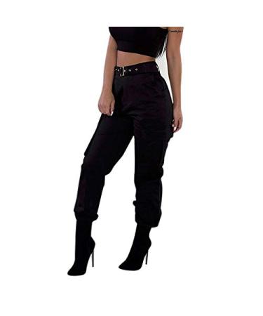 TRENDINAO Tapered Cargo Pants Women Casual Waist Tie Solid Military Combat Joggers Trousers with Utility Pocket Large Black